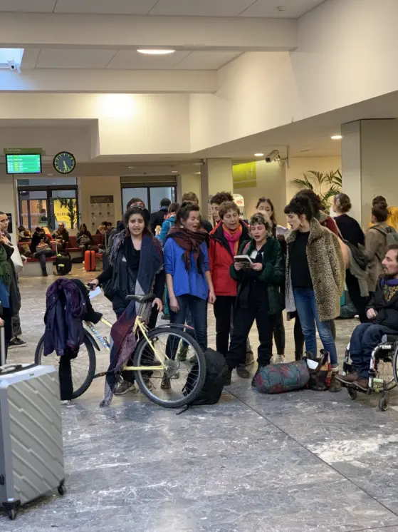 Demonstrators at Toulouse Matabiau train station.